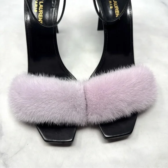 Saint Laurent Bea Mink Fur Leather Square Toe Ankle Strap Stiletto Sandal Heels - Picture 6 of 16